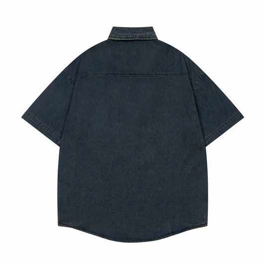 𝔼mbro 𝕊hirt𒉽美式復古趣味刺繡短袖牛仔襯衫外套 (深藍)