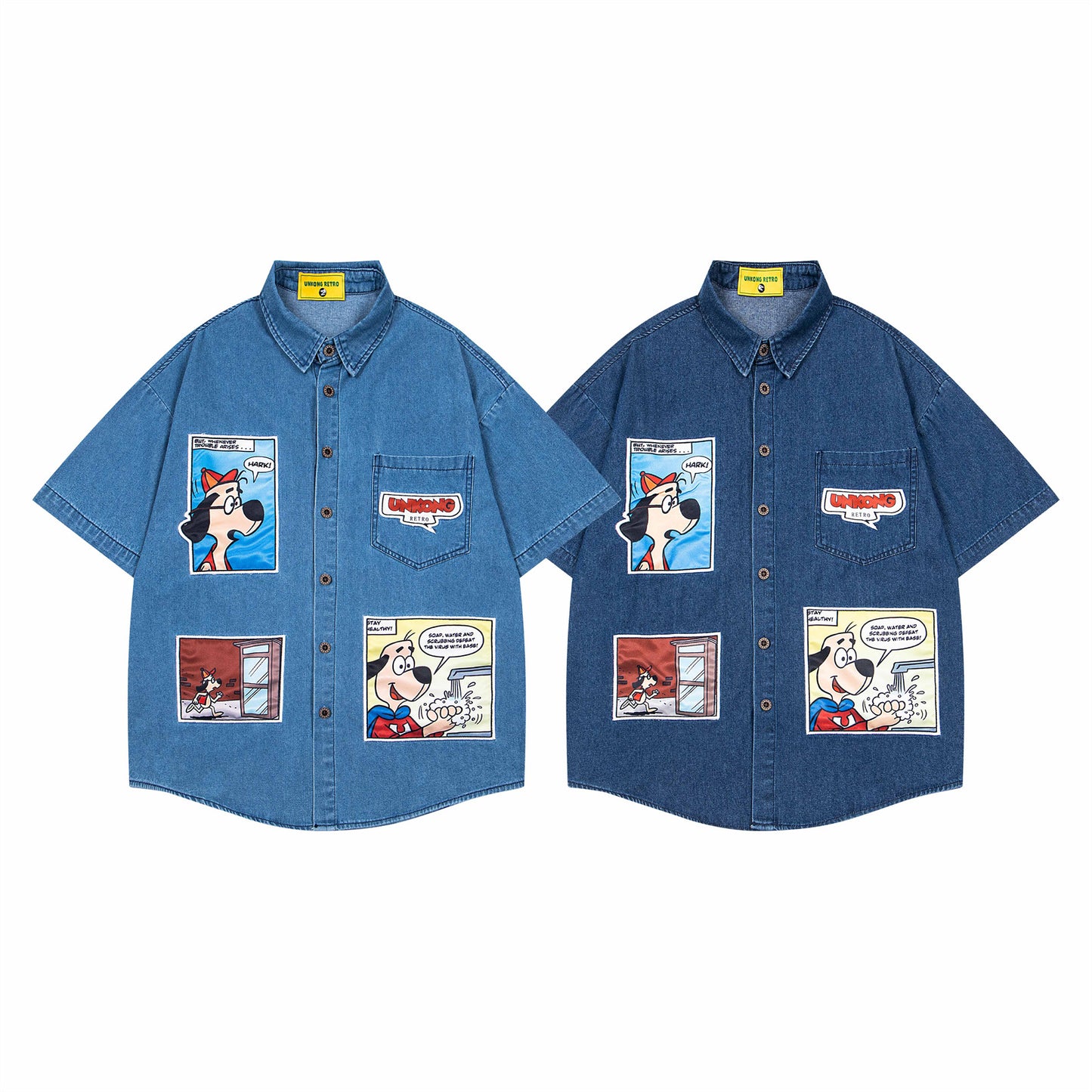 𝔼mbro 𝕊hirt𒉽美式復古趣味卡通貼布繡花短袖牛仔襯衫外套(深藍色)