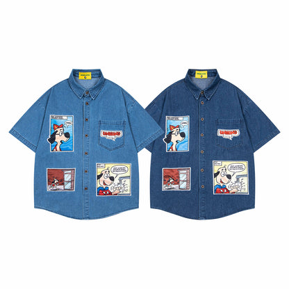 𝔼mbro 𝕊hirt𒉽美式復古趣味卡通貼布繡花短袖牛仔襯衫外套(深藍色)