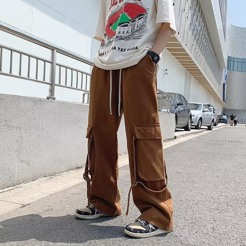 𖥟 𝔽𝕦𝕤𝕚𝕠𝕟 𝔽𝕠𝕔𝕦𝕤 ▓ 𝖜𝖔𝖗𝖐 𝖈𝖑𝖔𝖙𝖍𝖊𝖘 𖢘工裝褲夏季高街潮牌寬鬆休閒褲男女款機能風飄帶直筒闊腿褲 D-08