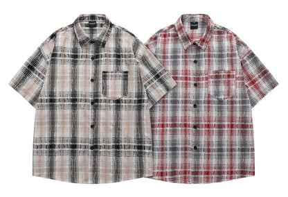 𝔼mbro 𝕊hirt𒉽日式復古毛邊格子短袖寬鬆襯衫YD-8