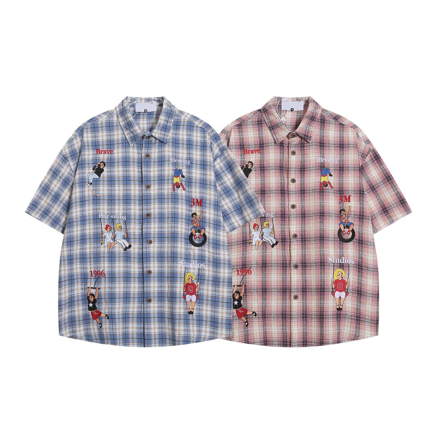 𝔼mbro 𝕊hirt𒉽美式復古街頭刺繡格子寬鬆襯衫P-6