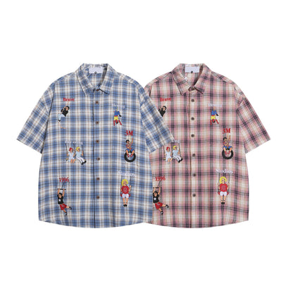 𝔼mbro 𝕊hirt𒉽美式復古街頭刺繡格子寬鬆襯衫P-6