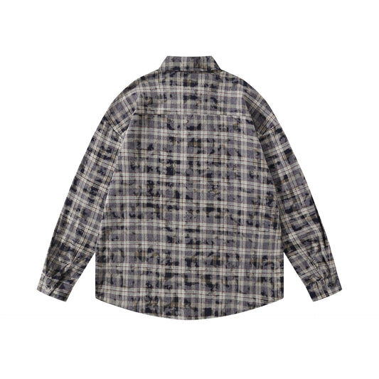 𝔼mbro 𝕊hirt𒉽2025秋冬復古扎染格子寬鬆襯衫外套JD-4