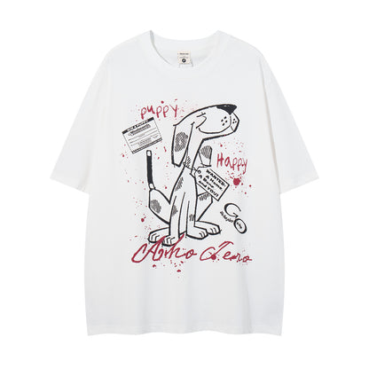 𝕃oose 𝔽it ☞𝟤𝟢𝟤𝟧 ☜美式復古小狗印花圓領男女中性 T-Shirt寬版上衣A-2