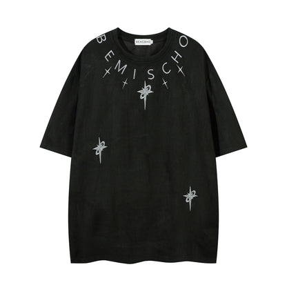 𝕃oose 𝔽it ☞𝟤𝟢𝟤𝟧 ☜美式復古字母刺繡圓領男女中性 T-Shirt寬版上衣JK-70