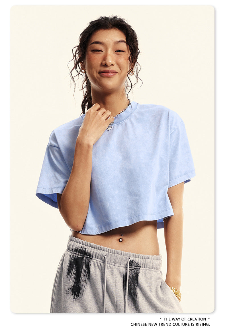 Fierce & Fitted 夏季美式復古做舊辣妹短款T袖N-7 水洗天空藍