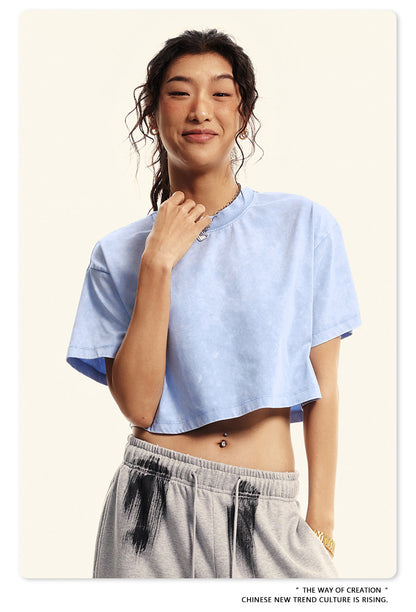 Fierce & Fitted 夏季美式復古做舊辣妹短款T袖N-7 水洗天空藍