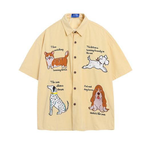 𝔼mbro 𝕊hirt𒉽美式復古可愛狗狗刺繡百搭寬鬆襯衫 IN639