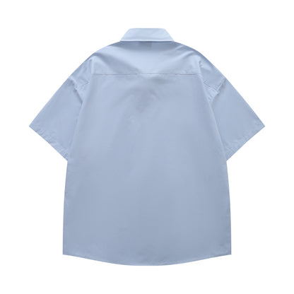 𝔼mbro 𝕊hirt𒉽日式復古可愛刺繡短袖百搭休閒襯衫  (藍色)