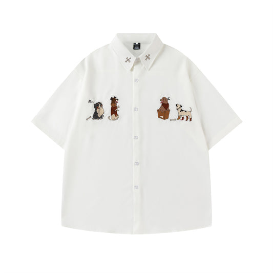 𝔼mbro 𝕊hirt𒉽美式復古可愛小狗刺繡寬鬆百搭短袖襯衫 (白色)