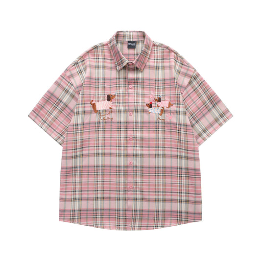 𝔼mbro 𝕊hirt𒉽美式復古臘腸狗刺繡百搭休閒襯衫Y-70