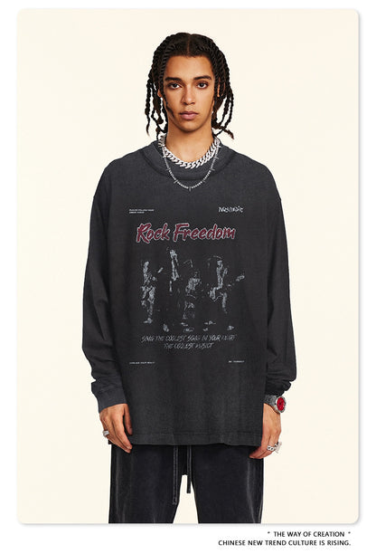 ♛𝔽𝕦𝕤𝕚𝕠𝕟 𝔽𝕠𝕔𝕦𝕤 ♛2025秋冬復古水洗印花大學T W-53