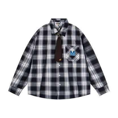 𝔼mbro 𝕊hirt𒉽2025秋冬領帶系列格子寬鬆襯衫外套MO-16