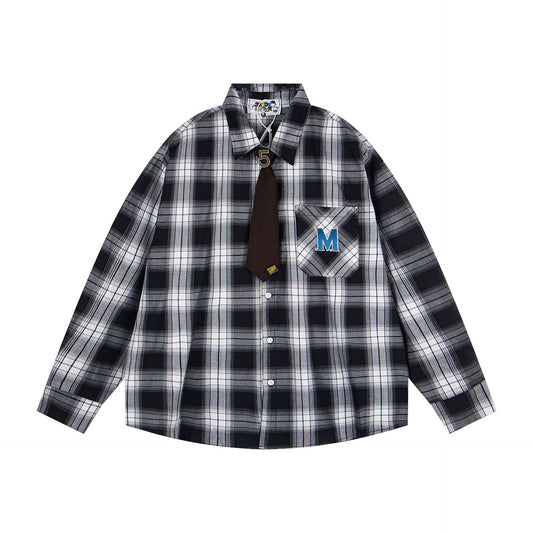 𝔼mbro 𝕊hirt𒉽2025秋冬領帶系列格子寬鬆襯衫外套MO-16