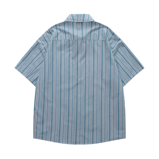 𝔼mbro 𝕊hirt𒉽日式復古字母刺繡條紋百搭休閒短袖襯衫 (藍色)