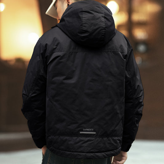 snɔoɟ uoı̣snɟ - 格藍鹿黑色工裝羽絨服短款寬鬆冬季加厚潮牌連帽外套 FG-158