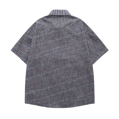 𝔼mbro 𝕊hirt𒉽日式復古格子短袖寬鬆襯衫Y-95
