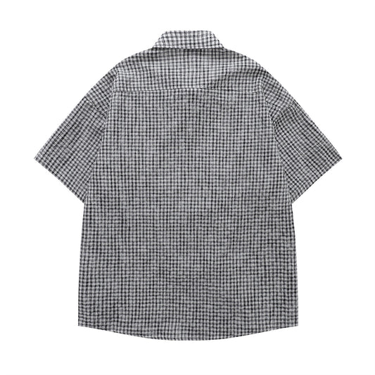 𝔼mbro 𝕊hirt𒉽日式復古格子短袖寬鬆襯衫Y-95